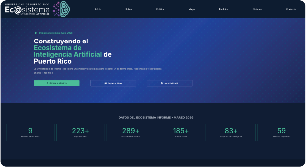 Captura de pantalla del sitio web del Ecosistema de Inteligencia Artificial de Puerto Rico, mostrando datos y recursos relacionados con iniciativas de inteligencia artificial en Puerto Rico. Captura de pantalla del sitio web del Ecosistema de Inteligencia Artificial de Puerto Rico, mostrando datos y recursos relacionados con iniciativas de inteligencia artificial en Puerto Rico.
